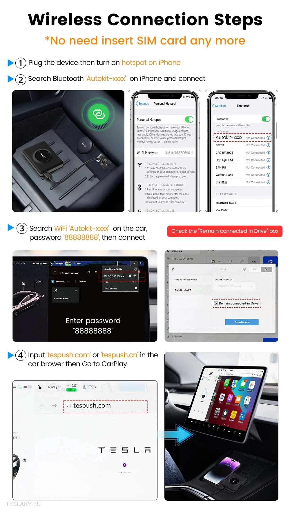 Adaptador inalámbrico Tesla para CarPlay para dispositivos Android y Apple