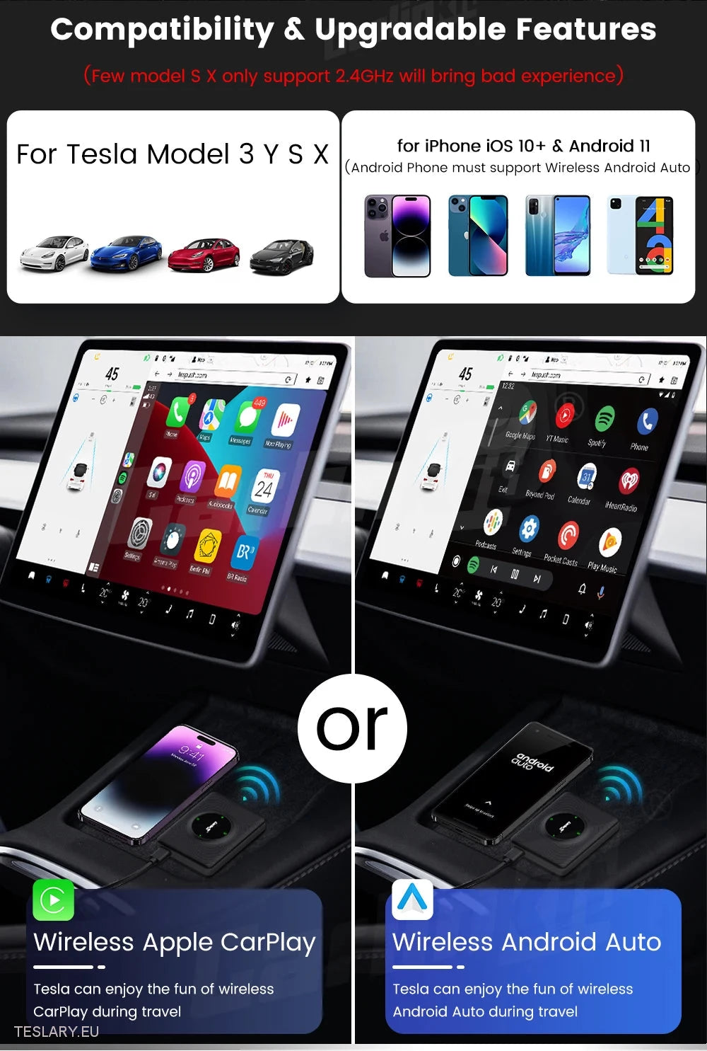 Adaptador inalámbrico Tesla para CarPlay para dispositivos Android y Apple