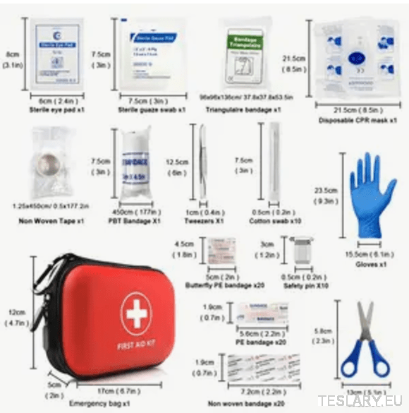 Compact Emergency First Aid Kit ( 91 PIeces ) for your Tesla , BYD , MG or Other EV - TESLARY Tesla Shop Accessories Europe Nederlands Dublin Cork Ireland Deutschland Espana Alicante France Italia