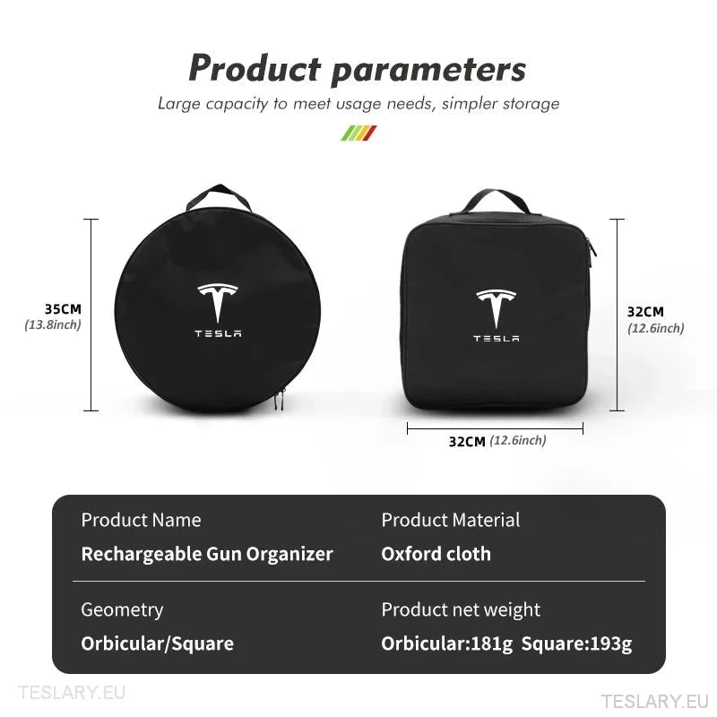 EV Cable Storage Bags Round & Square with Logo - TESLARY Tesla Shop Accessories Europe Nederlands Ireland Deutschland Espana Alicante France Italia