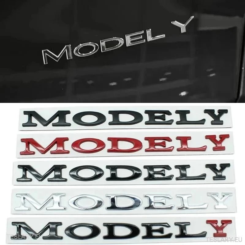 TESLA " MODEL Y " REAR LOGO EMBLEM IN CHROME & BLACK - TESLARY Tesla Shop Accessories Europe Nederlands Ireland Deutschland Espana Alicante France Italia
