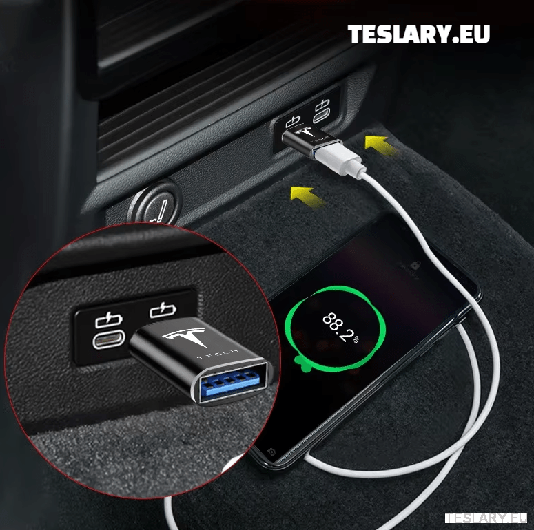 Tesla USB TYPE C to USB Adapter for Model 3 Y S X LOGO - TESLARY Tesla Shop Accessories Europe Nederlands Ireland Deutschland Espana Alicante France Italia