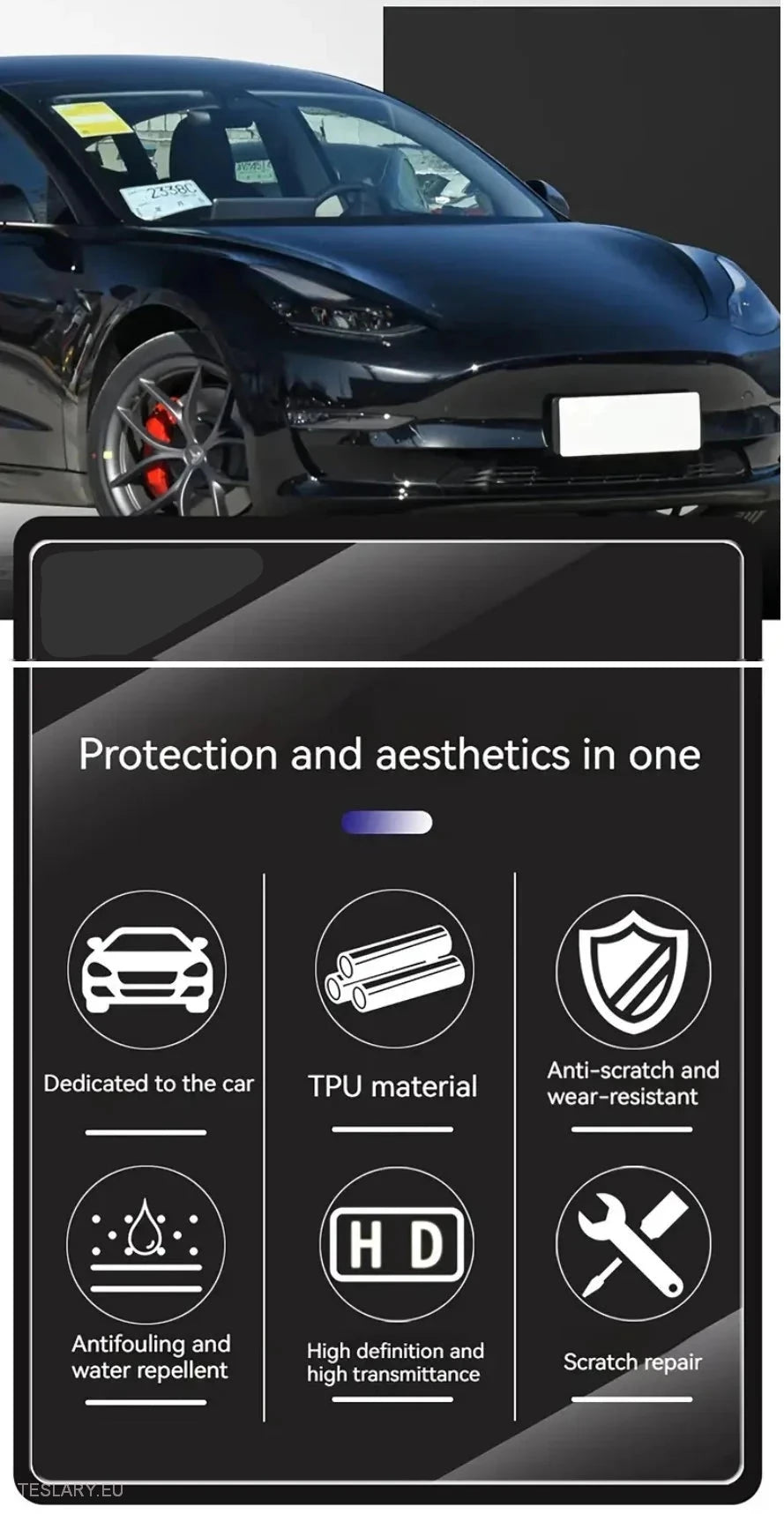 Fareo delantero TPU Tinte negro para Tesla Model 3, Y y Highland