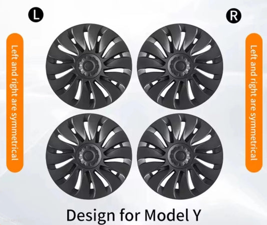Tesla Model Y 19" Full Coverage Storm Wheel Covers in Gun Metal Grey on vehicle wheel, showcasing sleek design and fitment