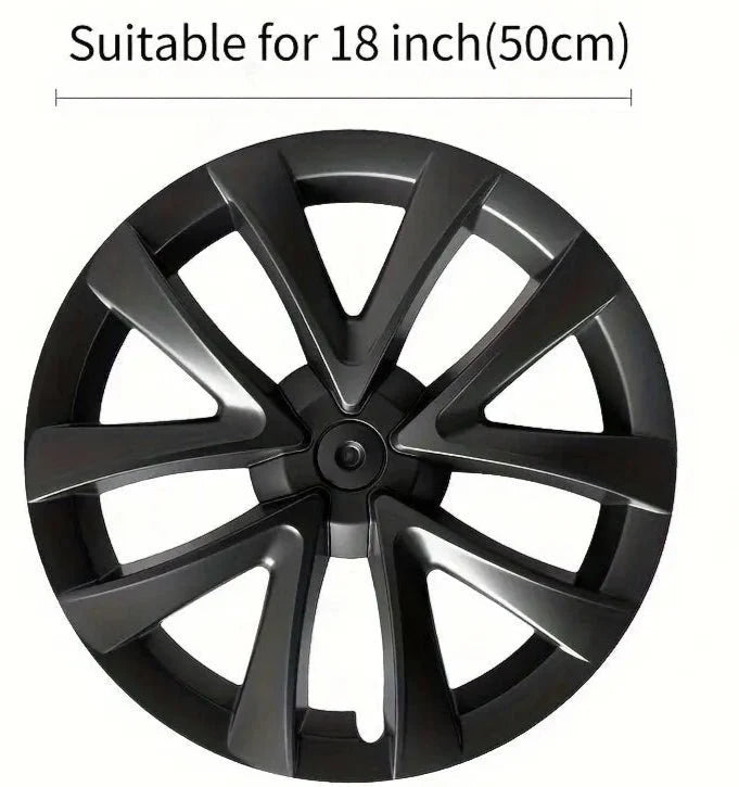 Tesla Model 3 18 inch Arachnid Style Wheel Covers installed showing sleek matte black design and motorsport-inspired appearance