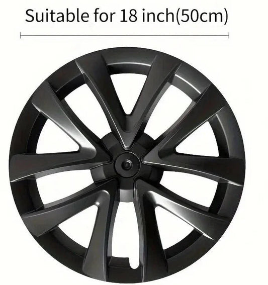 Tesla Model 3 18 inch Arachnid Style Wheel Covers installed showing sleek matte black design and motorsport-inspired appearance