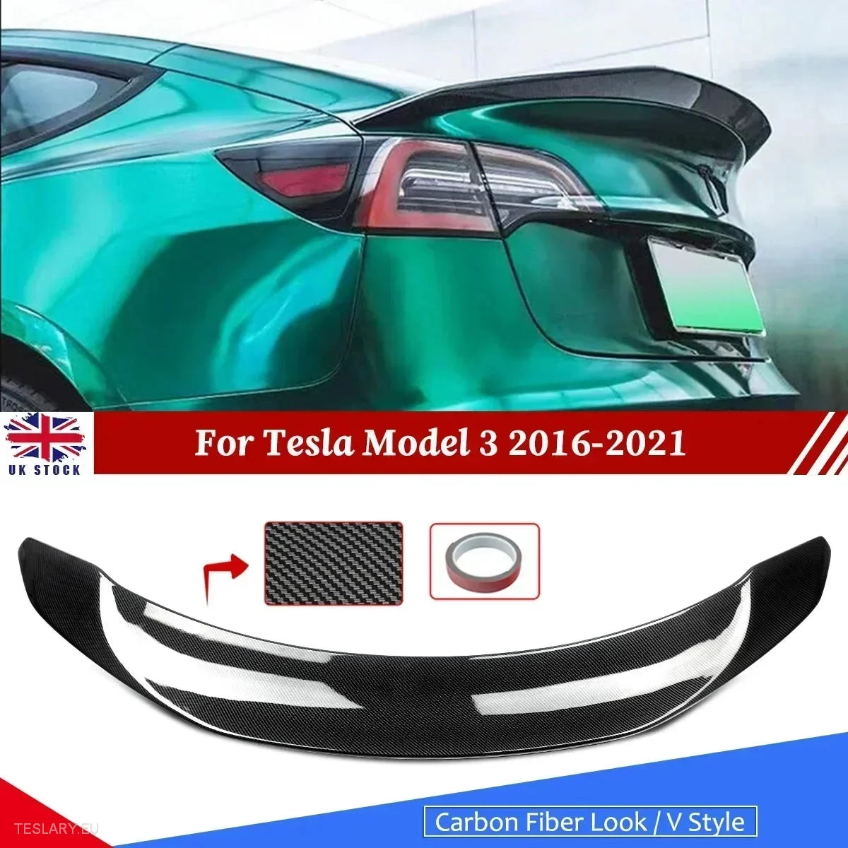 V Type Highkick Sport Spoiler Wing Tesla Model 3 2019 - 2023 - Carbon Fibre Style - Tesla Shop Europe - TESLARY.IE Ireland - France boutique- Deutschland Geschäft- España comercio - Nederland winkel- TESLARY.IE