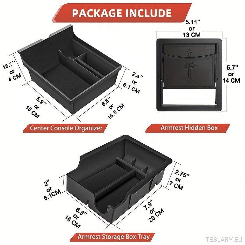 3PCS Center Console Organizer Tray Fit For Tesla Model 3 / Y Armrest Hidden Cubby Drawer Storage Box Interior Accessories - TESLARY Tesla Shop Accessories Europe Nederlands Ireland Deutschland Espana Alicante France Italia
