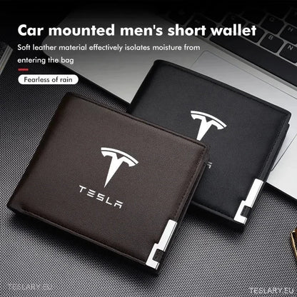 Portofel din piele neagră / titular de licență cu logo -ul Tesla