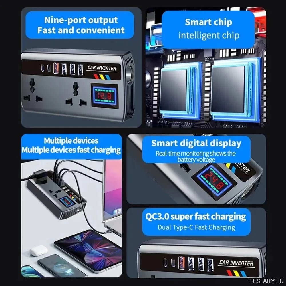 Multiport Car Power Inverter: 12V/24V to 220V with 9 Charging Ports - EV Compatible - TESLARY Tesla Shop Accessories Europe Nederlands Ireland Deutschland Espana Alicante France Italia