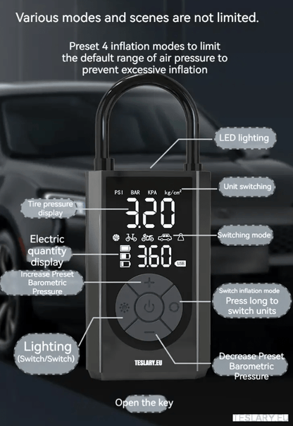 Portable Battery Powered Tyre Compressor for Tesla Model 3 Y S X - 2000Mah - TESLARY Tesla Shop Accessories Europe Nederlands Ireland Deutschland Espana Alicante France Italia