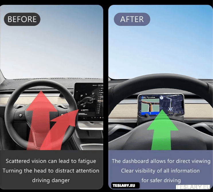 Steering Wheel Front Storage + Phone Holder for Tesla Model 3 / Y - TESLARY Tesla Shop Accessories Europe Nederlands Dublin Cork Ireland Deutschland Espana Alicante France Italia