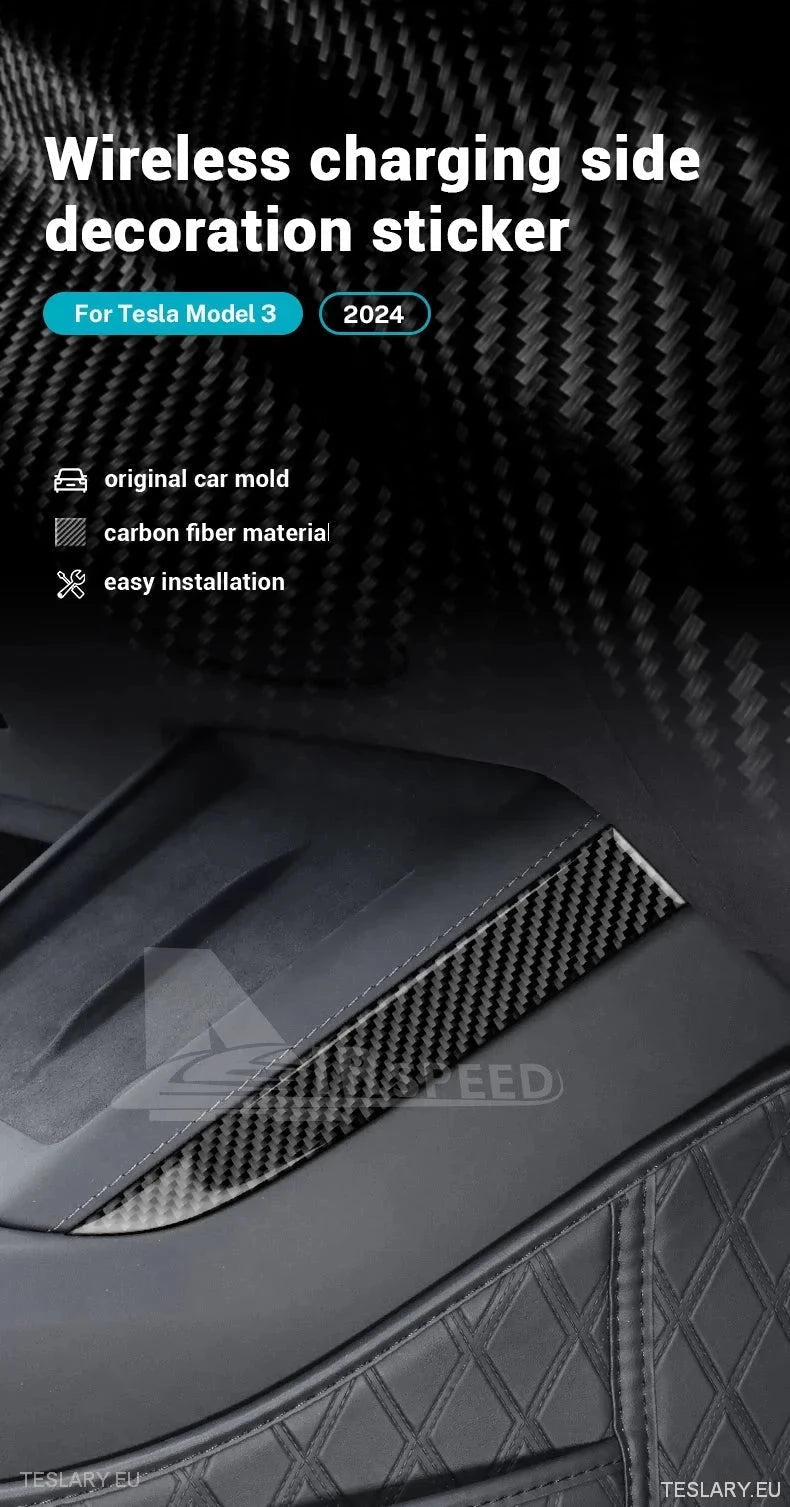 Tesla 3 Highland / Y Juniper Real Soft Carbon Fiber Side Trim for Wireless Charger - TESLARY Tesla Shop Accessories Europe Nederlands Dublin Cork Ireland Deutschland Espana Alicante France Italia