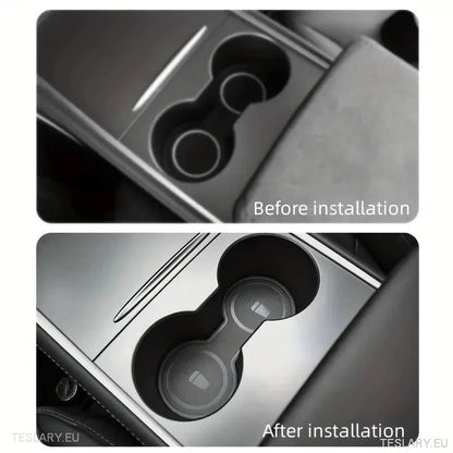 Tesla 3/Y Black Leather Centre Console Cup Inserts - TESLARY Tesla Shop Accessories Europe Nederlands Ireland Deutschland Espana Alicante France Italia