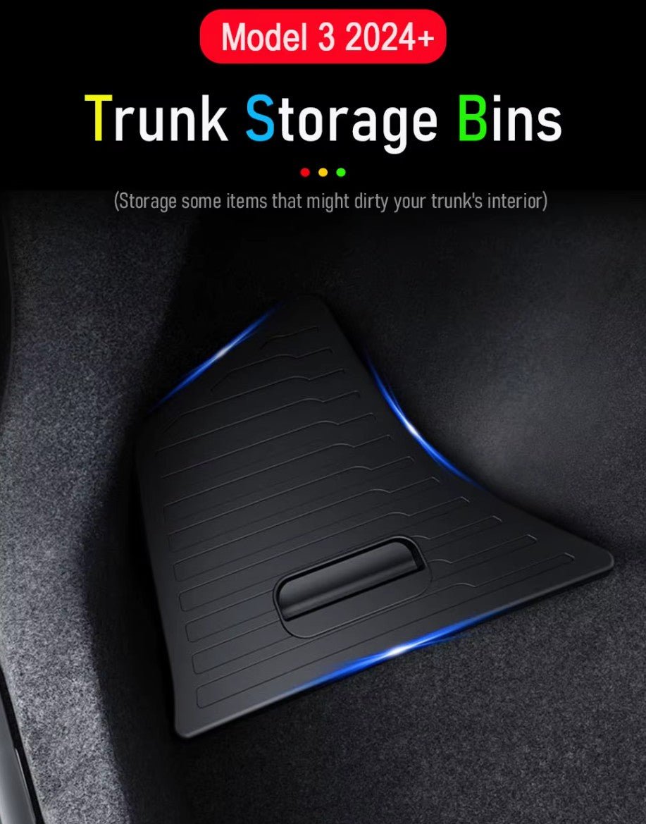 Tesla Model 3+ Highland Trunk Storage Bins with High Strenght Plastic Lid Covers ( New Design ) - TESLARY Tesla Shop Accessories Europe Nederlands Dublin Cork Ireland Deutschland Espana Alicante France Italia