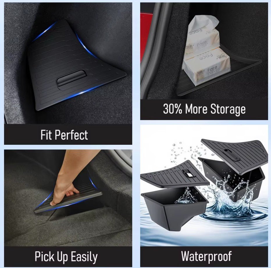 Tesla Model 3+ Highland Trunk Storage Bins with High Strenght Plastic Lid Covers ( New Design ) - TESLARY Tesla Shop Accessories Europe Nederlands Dublin Cork Ireland Deutschland Espana Alicante France Italia