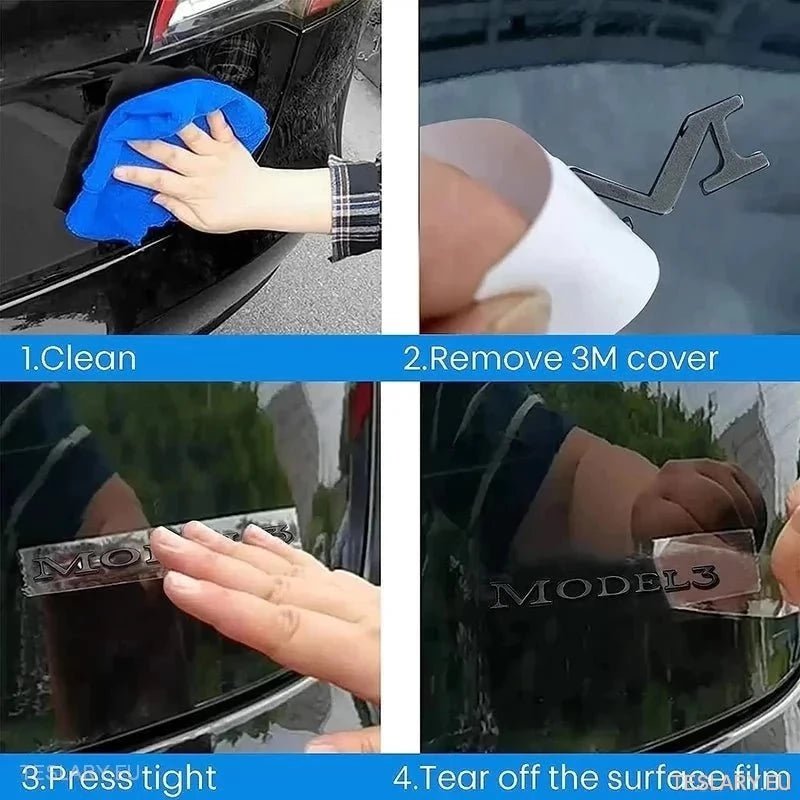 TESLA " MODEL 3 " REAR LOGO EMBLEM IN CHROME & BLACK - TESLARY Tesla Shop Accessories Europe Nederlands Ireland Deutschland Espana Alicante France Italia