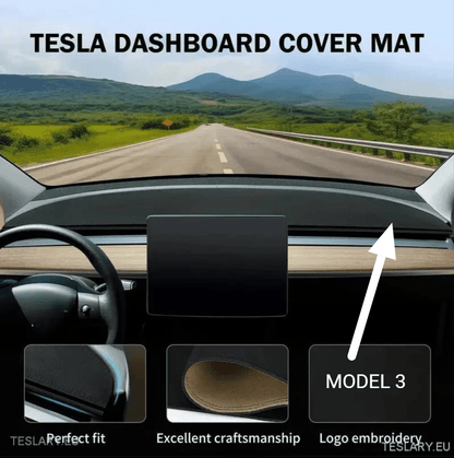 Tesla Model 3 Suede Anti Glare Dashboard Cover with Model 3 Logo - TESLARY Tesla Shop Accessories Europe Nederlands Dublin Cork Ireland Deutschland Espana Alicante France Italia