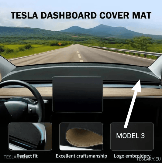 Tesla Model 3 Suede Anti Glare Dashboard Cover with Model 3 Logo - TESLARY Tesla Shop Accessories Europe Nederlands Dublin Cork Ireland Deutschland Espana Alicante France Italia