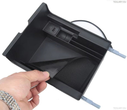 Tesla Model 3 / Y Centre Console Front Organiser with USB Ports and Spring Return - TESLARY Tesla Shop Accessories Europe Nederlands Dublin Cork Ireland Deutschland Espana Alicante France Italia