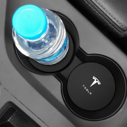 Tesla Model 3 Y S X Black Leather Centre Console Cup Inserts with Logo - TESLARY Tesla Shop Accessories Europe Nederlands Dublin Cork Ireland Deutschland Espana Alicante France Italia