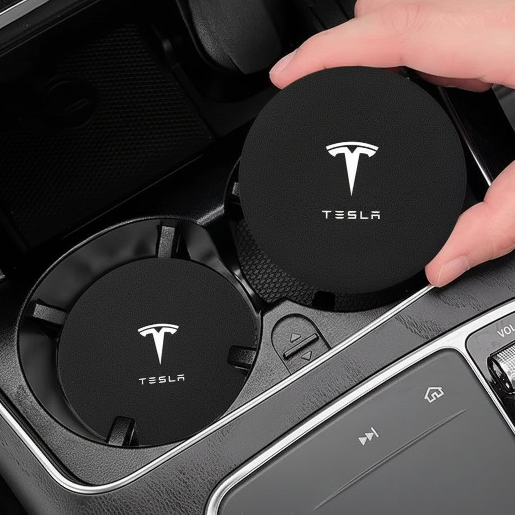 Tesla Model 3 Y S X Black Leather Centre Console Cup Inserts with Logo - TESLARY Tesla Shop Accessories Europe Nederlands Dublin Cork Ireland Deutschland Espana Alicante France Italia