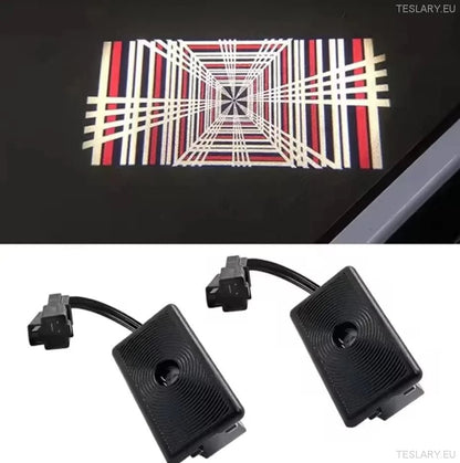 Tesla Model 3 / Y / S / X Door Projector Lights Plaid & Logo Style - TESLARY Tesla Shop Accessories Europe Nederlands Dublin Cork Ireland Deutschland Espana Alicante France Italia