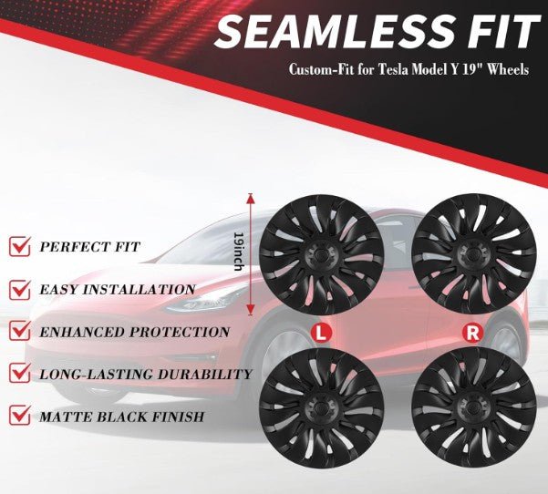 TESLA MODEL Y 19" FULL COVERAGE UBERTINE STYLE HUBCAPS - MATTE BLACK - TESLARY Tesla Shop Accessories Europe Nederlands Dublin Cork Ireland Deutschland Espana Alicante France Italia