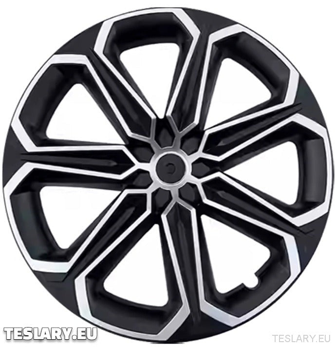 TESLA MODEL Y 19" UNIQUE S14 FULL COVER WHEEL HUBS BLACK & SILVER - TESLARY Tesla Shop Accessories Europe Nederlands Dublin Cork Ireland Deutschland Espana Alicante France Italia